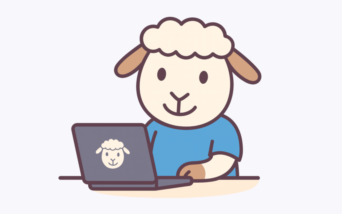 Cartoon drawing of Skotačka, Cadenso’s tiny sheep mascot working on laptop on the Cadenso App.