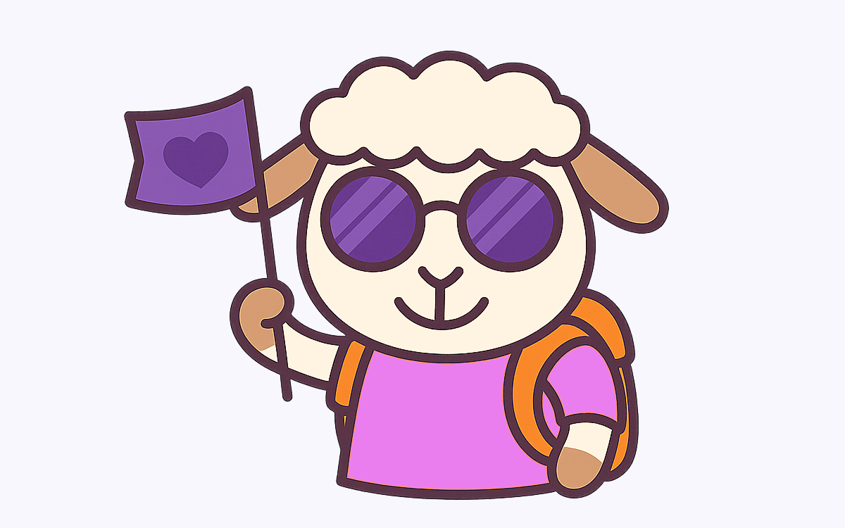 Cartoon drawing of Skotačka, Cadenso’s tiny sheep mascot with strong opinions and a soft face.
