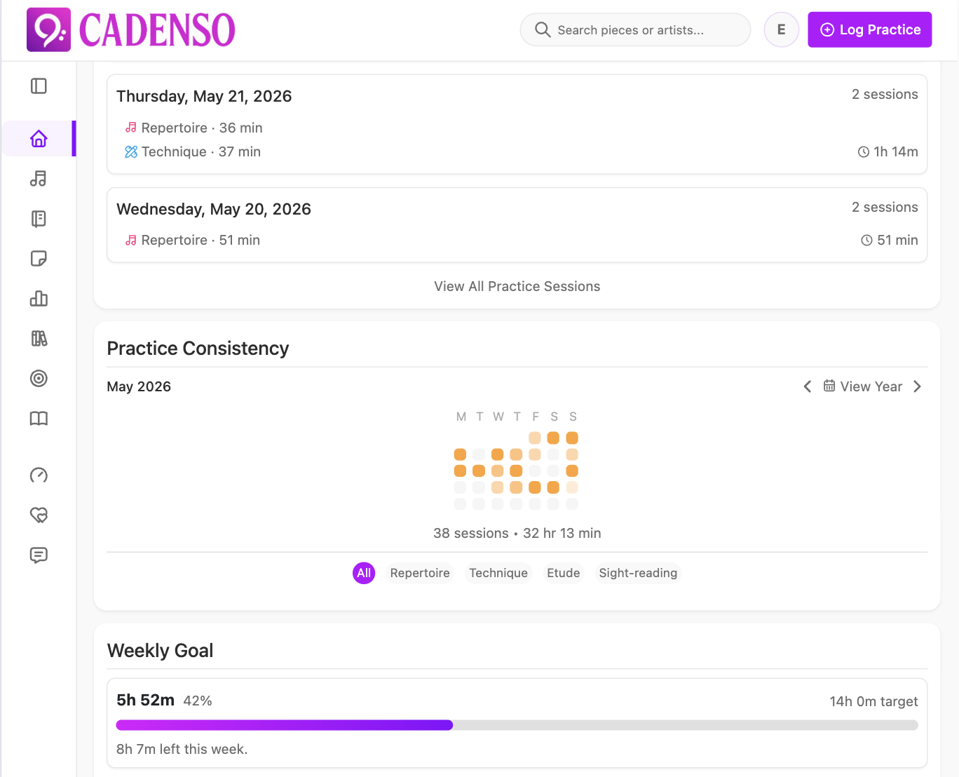 Cadenso desktop dashboard with practice overview and progress stats