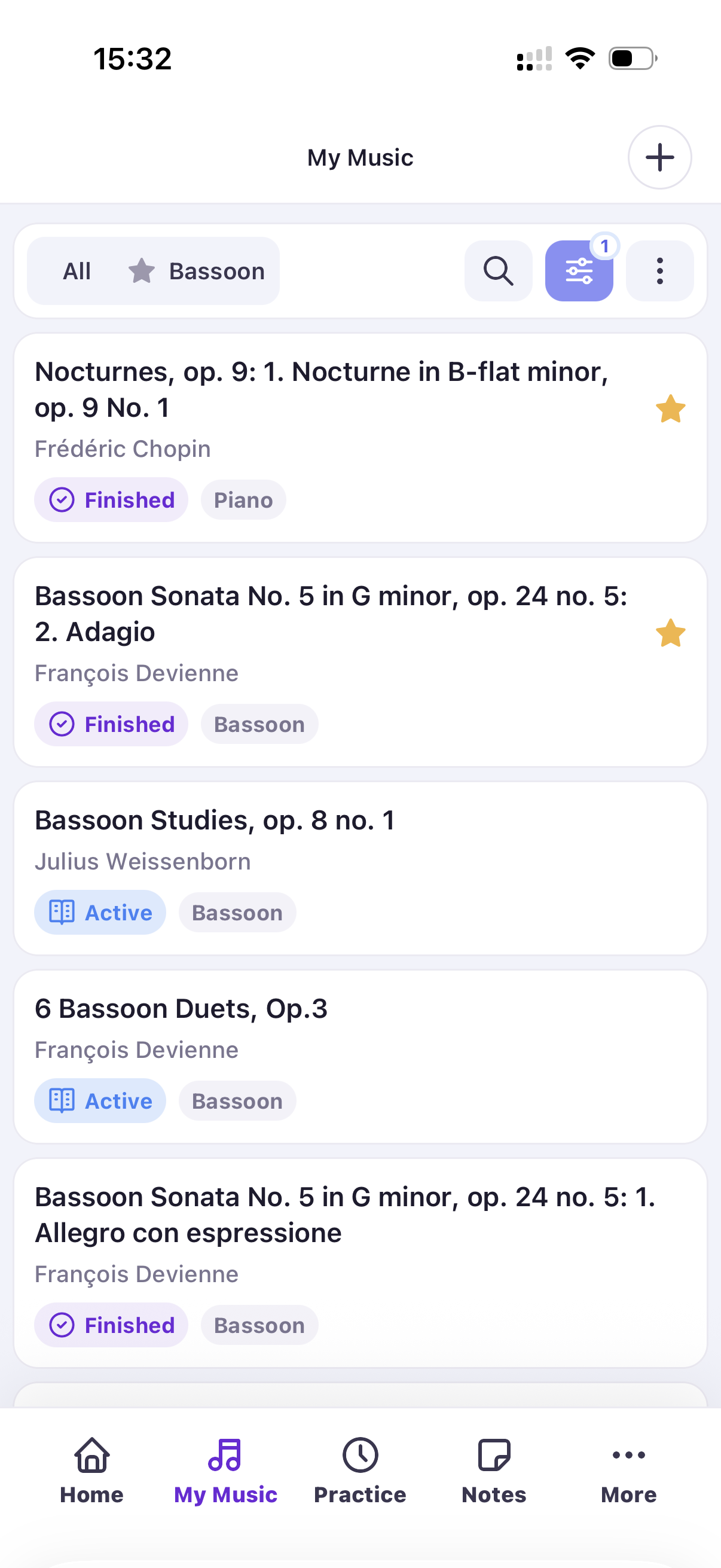Cadenso My Music screen with repertoire organized by status and instrument